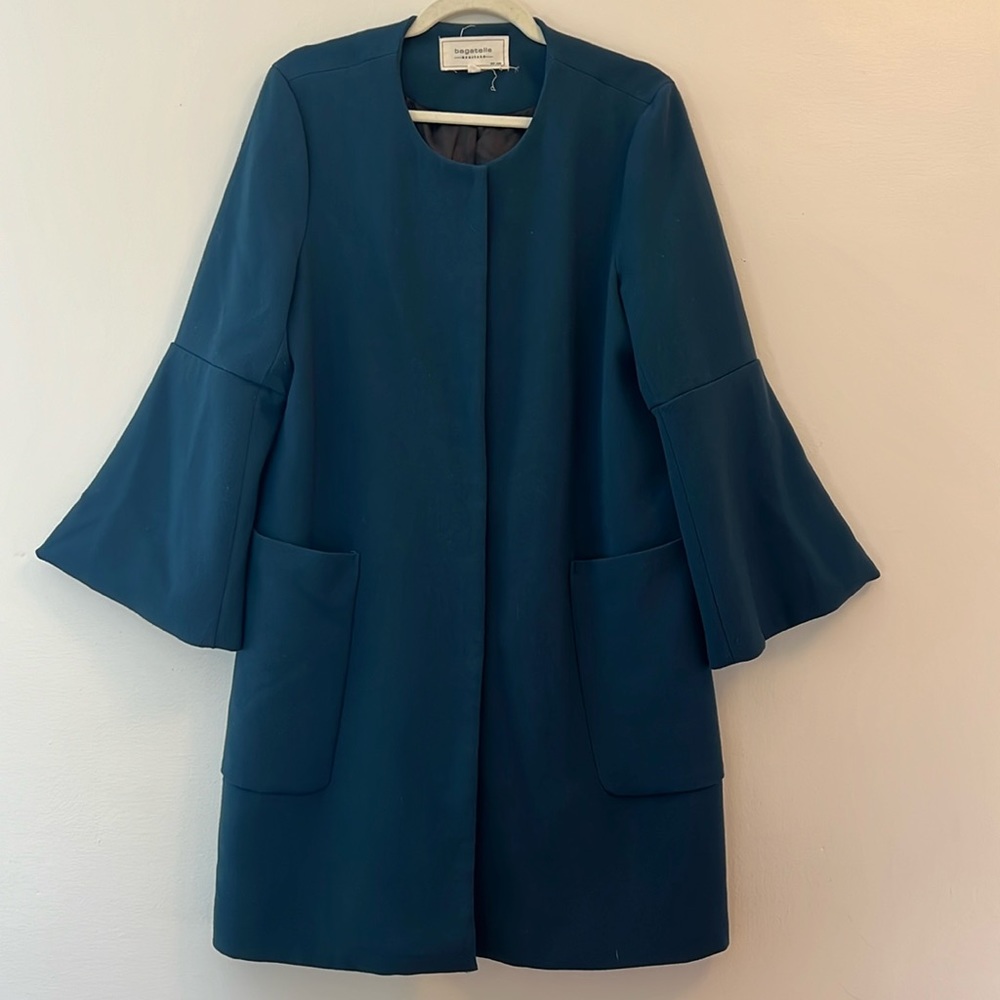 Bagatelle Heritage dark teal coat with trumpet bell sleeves size L.